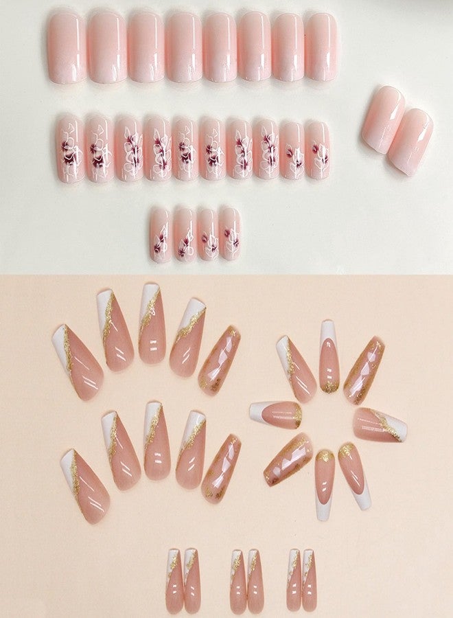 TOGZOM 144Pcs Press on Nails Medium TOGZOM Long Press on Nails Square Fake Nails Ombre Gold Foil Design French Tip False Nails Glossy Glue on Nail Stick on Nail for Women Manicure Kit 6 Packs - Image 3